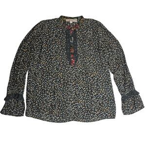 LOFT Petite XS Floral Ruffle Blouse Boho Peasant Bell Sleeve Cottagecore Top‎